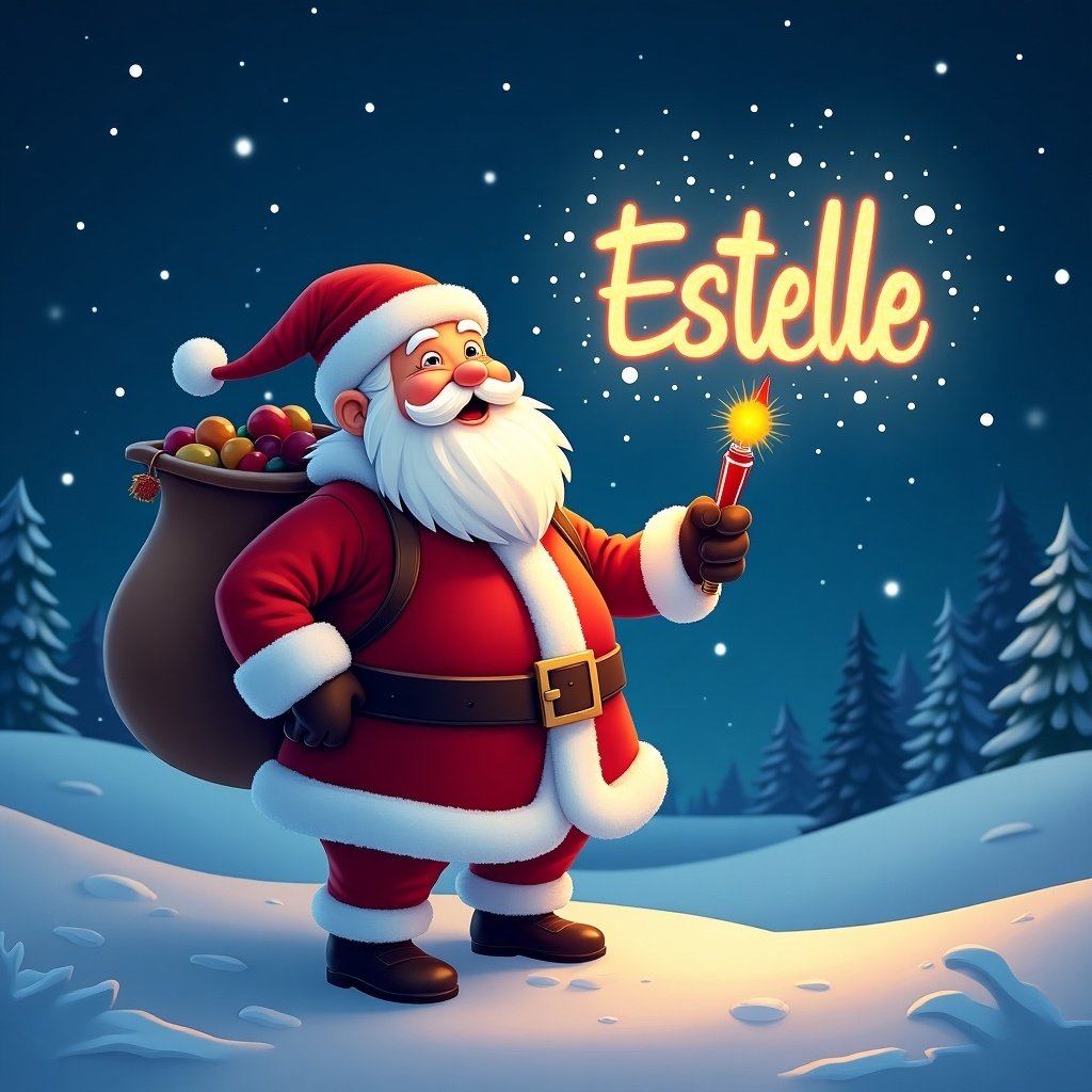 Christmas theme with Santa Claus writing name Estelle in the sky with a glow pen