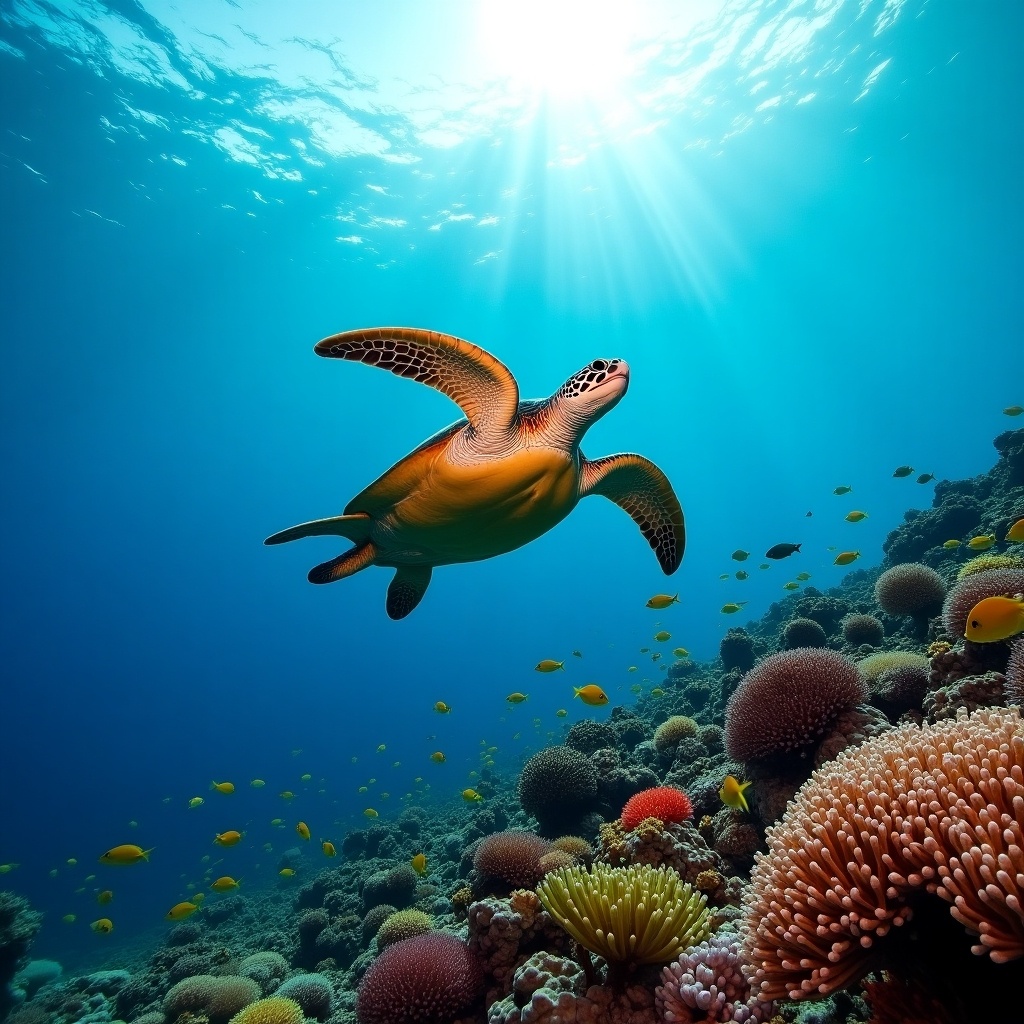 A majestic sea turtle glides gracefully above a vibrant coral reef teeming with colorful tropical fish. The scene captures the beauty of marine life under clear blue waters. Sunlight streams down from the surface, illuminating the turtle and the diverse corals below. This serene underwater landscape invites viewers to appreciate the wonders of the ocean. The warm hues of coral and the rich blue of the water create a captivating visual appeal.