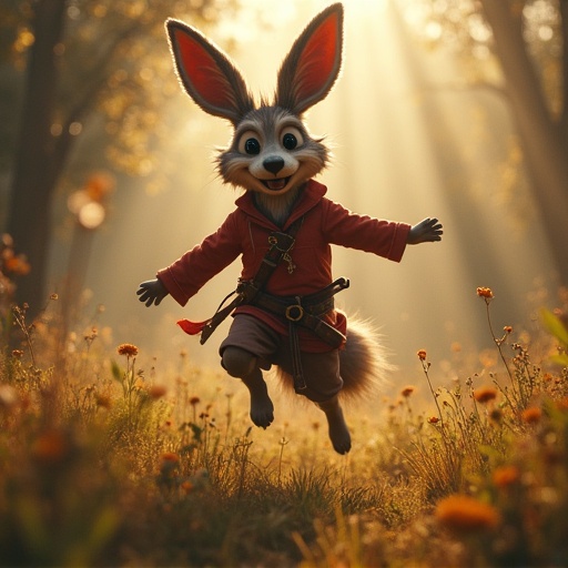 Create an image of a joyful animated bunny character in a sunlit forest, showing his excitement and happiness.