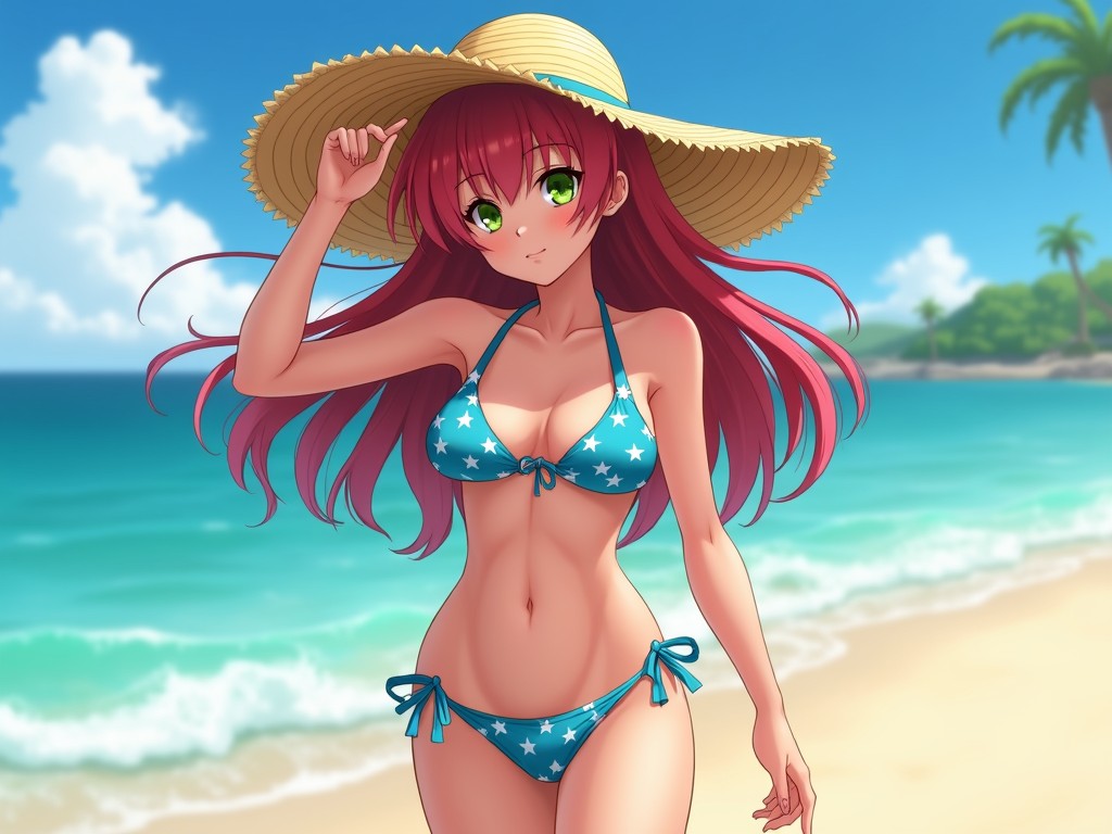 This digital illustration portrays a young woman at a beach, wearing a star-studded blue bikini and a wide-brimmed straw hat. Her red hair flows gently in the breeze, complementing the vibrant turquoise ocean and bright blue sky in the background. The tranquil setting and warm lighting evoke a sense of calm and relaxation.