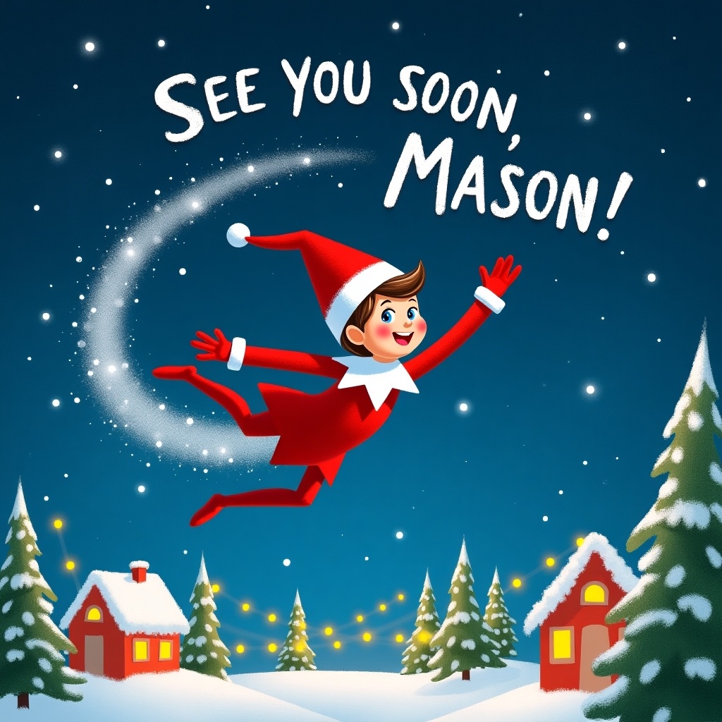 An Elf on the Shelf is flying through the night sky. A trail of snow behind him writes 'See you soon, Mason!'. The elf appears cheerful and focused as he flies over a snowy village with trees and Christmas lights.