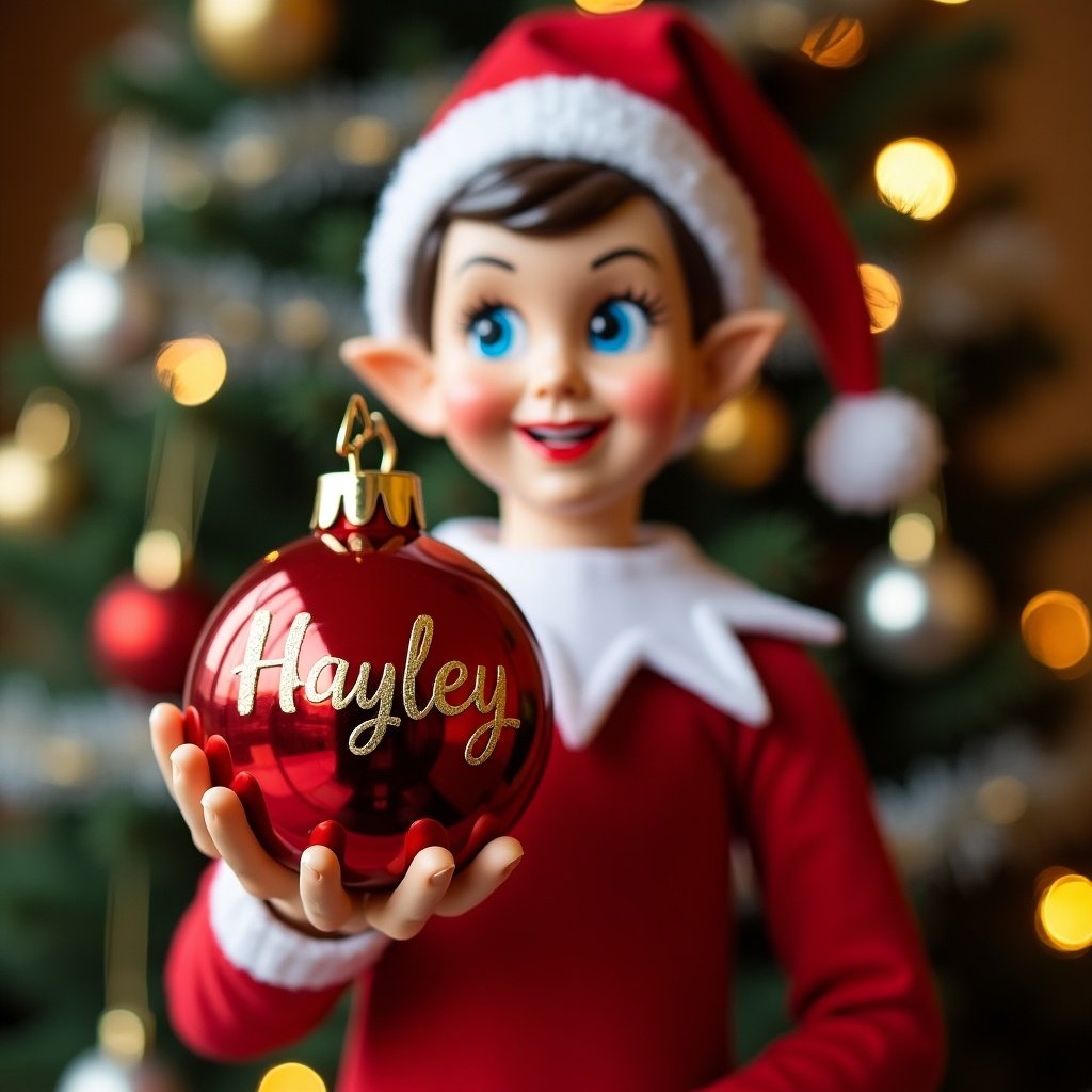 Image of a cheerful Christmas elf in festive red and white attire. Elf is holding a shiny red Christmas bauble personalized with the name 'Hayley'. Background shows a decorated Christmas tree with glowing lights, creating a warm holiday atmosphere.