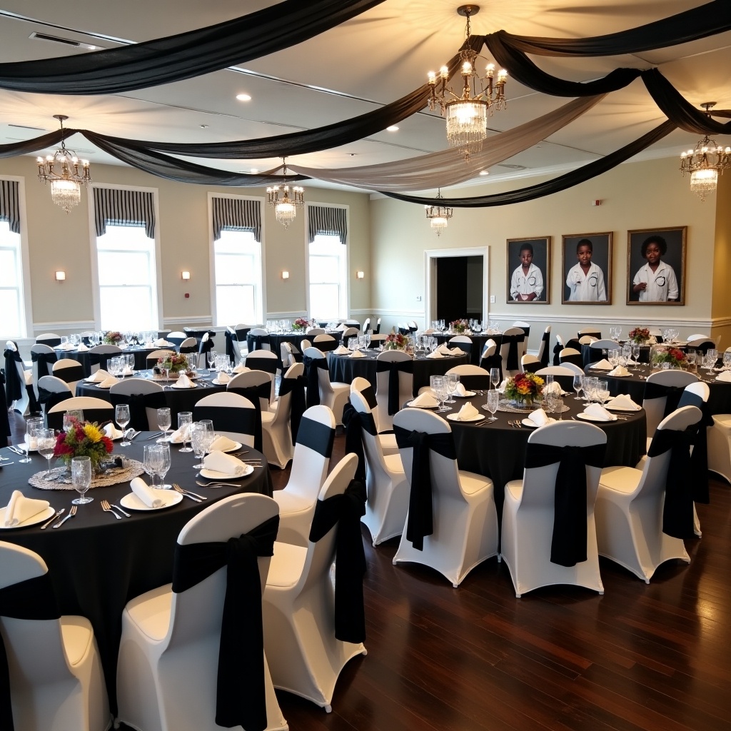 The image depicts an elegant banquet room beautifully set up for an event. The room features tables covered in black tablecloths accented with white chairs tied with black ribbons. Soft lighting from chandeliers creates an inviting ambiance. Pictures of children dressed as doctors adorn the wall, symbolizing aspirations and dreams. Floral arrangements on the tables add a touch of color and warmth.