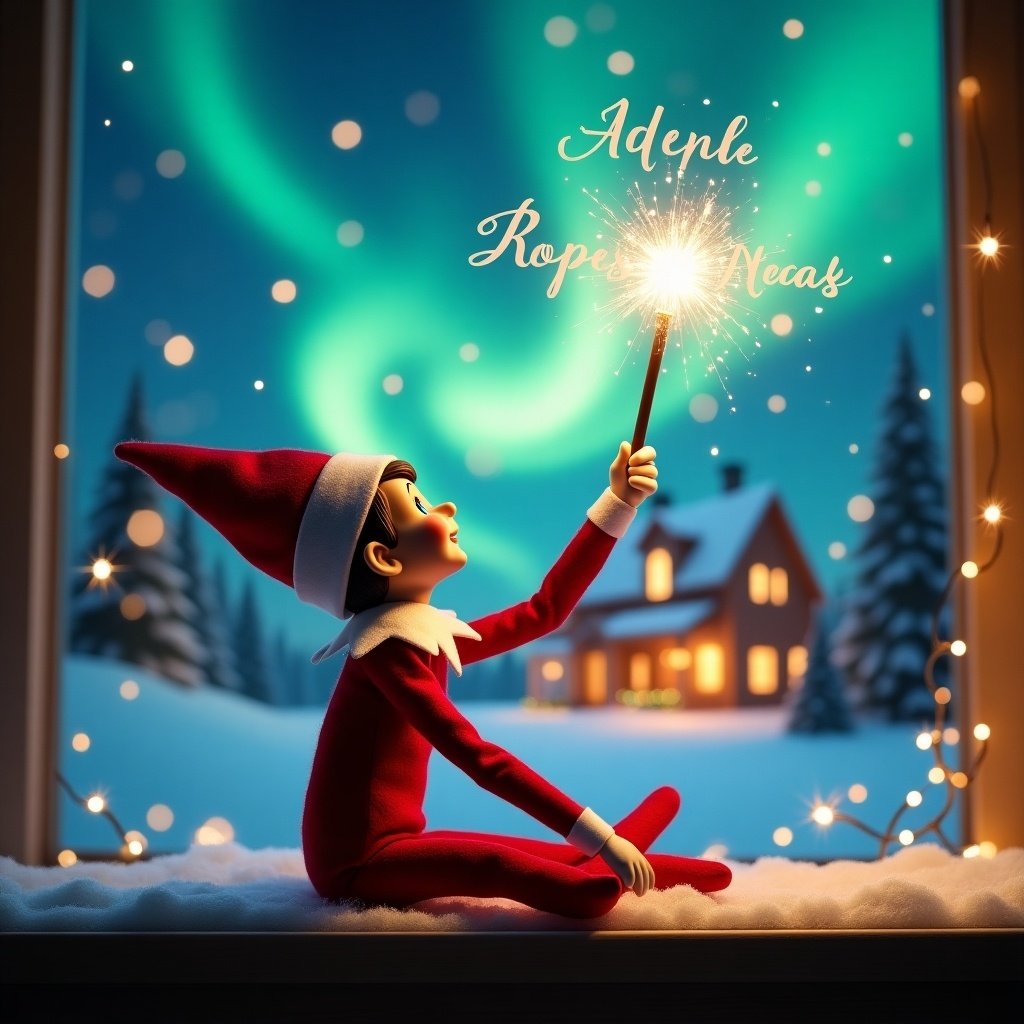 An elf on the shelf gazes skyward while sitting on a snowy ledge. The elf holds a glowing wand. The background shows a Christmas scene with northern lights. A cozy house is visible in the distance. The atmosphere feels joyful and enchanting with holiday decorations.