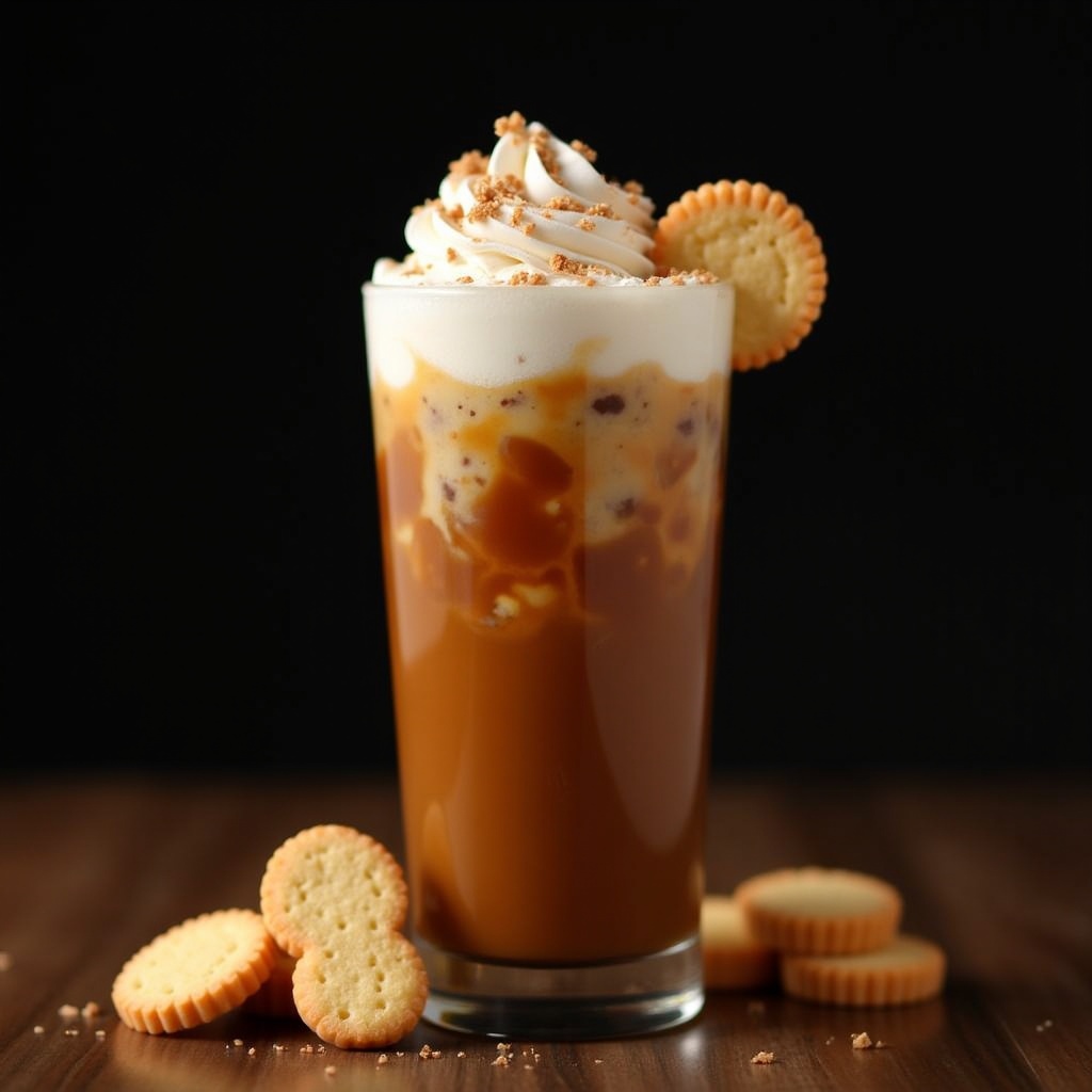 This image showcases a delicious iced coffee served in a tall glass. The drink is topped with a generous swirl of fresh cream and drizzled with rich caramel. A few crunchy biscuits rest beside the glass, adding a delightful touch. The setup is against a dark background, which makes the coffee's vibrant colors pop. The overall scene evokes a sense of indulgence and refreshment, perfect for coffee lovers looking for a treat.