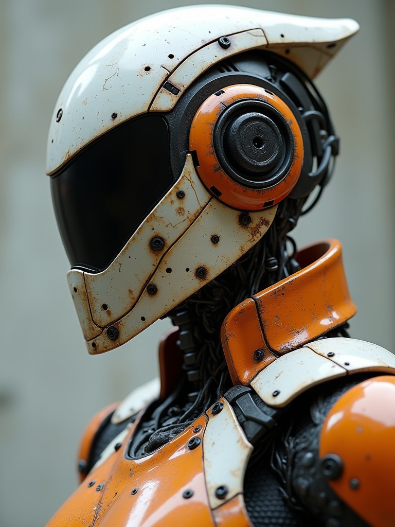 Robotic figure with a sleek helmet. Armored suit features metallic and orange tones. Emphasizes details like textures. Close-up view.