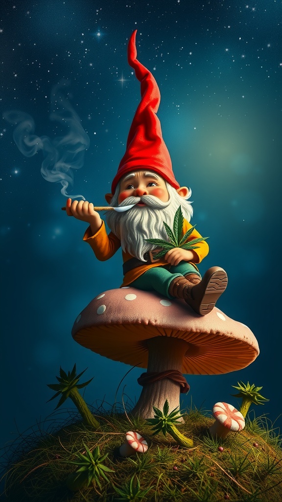 A whimsical gnome smokes a pipe while sitting on a mushroom, set against a starry night sky.