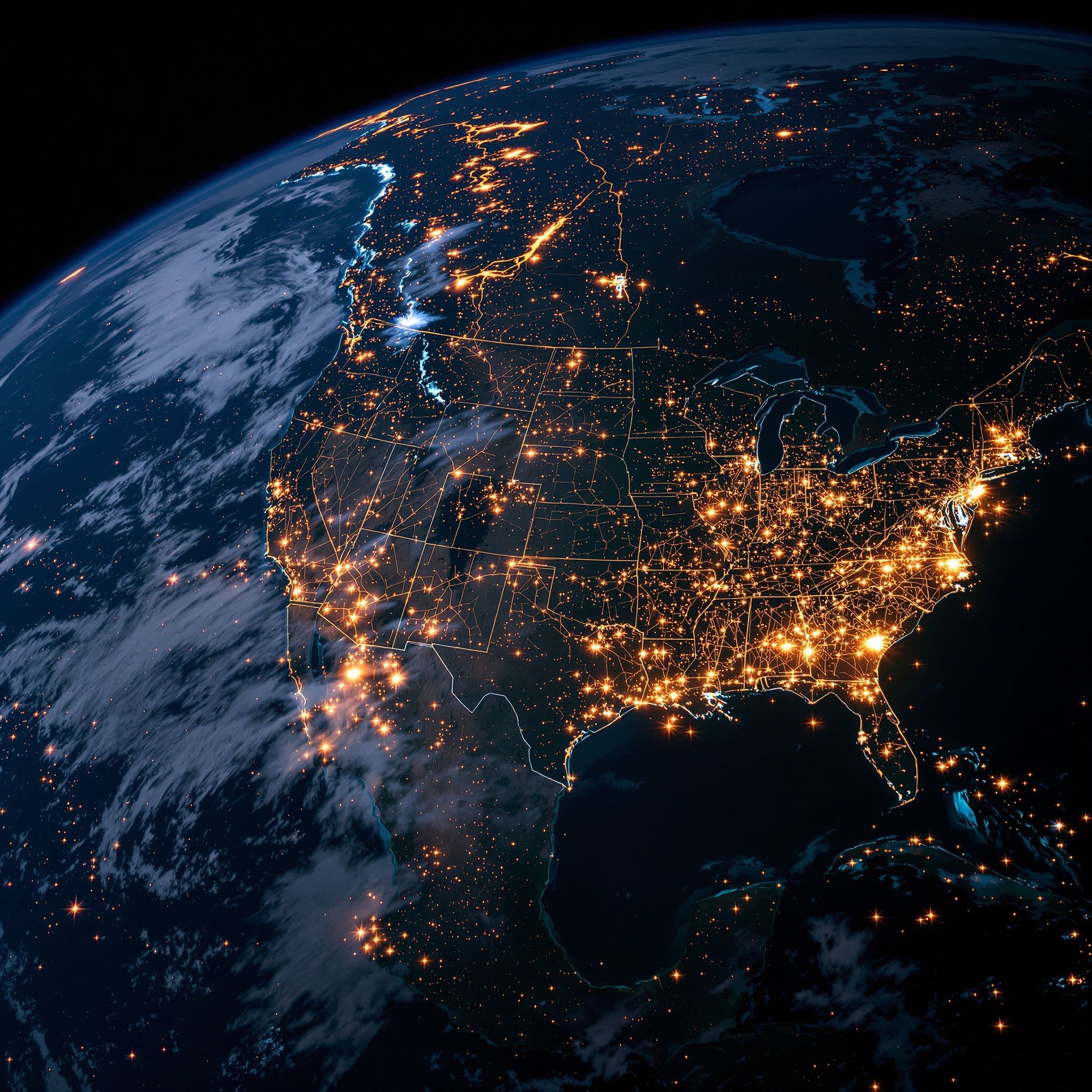 View of Earth from space displaying illuminated cities at night. Clear sight of urban areas in the USA visible through city lights. Dark sky above the Earth with a hint of clouds.