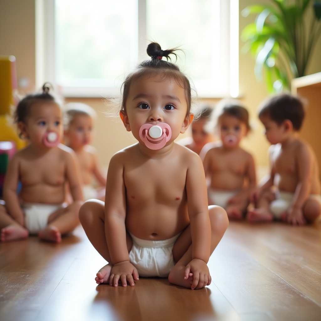 Image depicts vibrant daycare with light. Girl squats with pacifier, wearing diaper. Other toddlers sit around her in diapers. All show blank expressions as they relax. Calm moment captured in playroom setting.