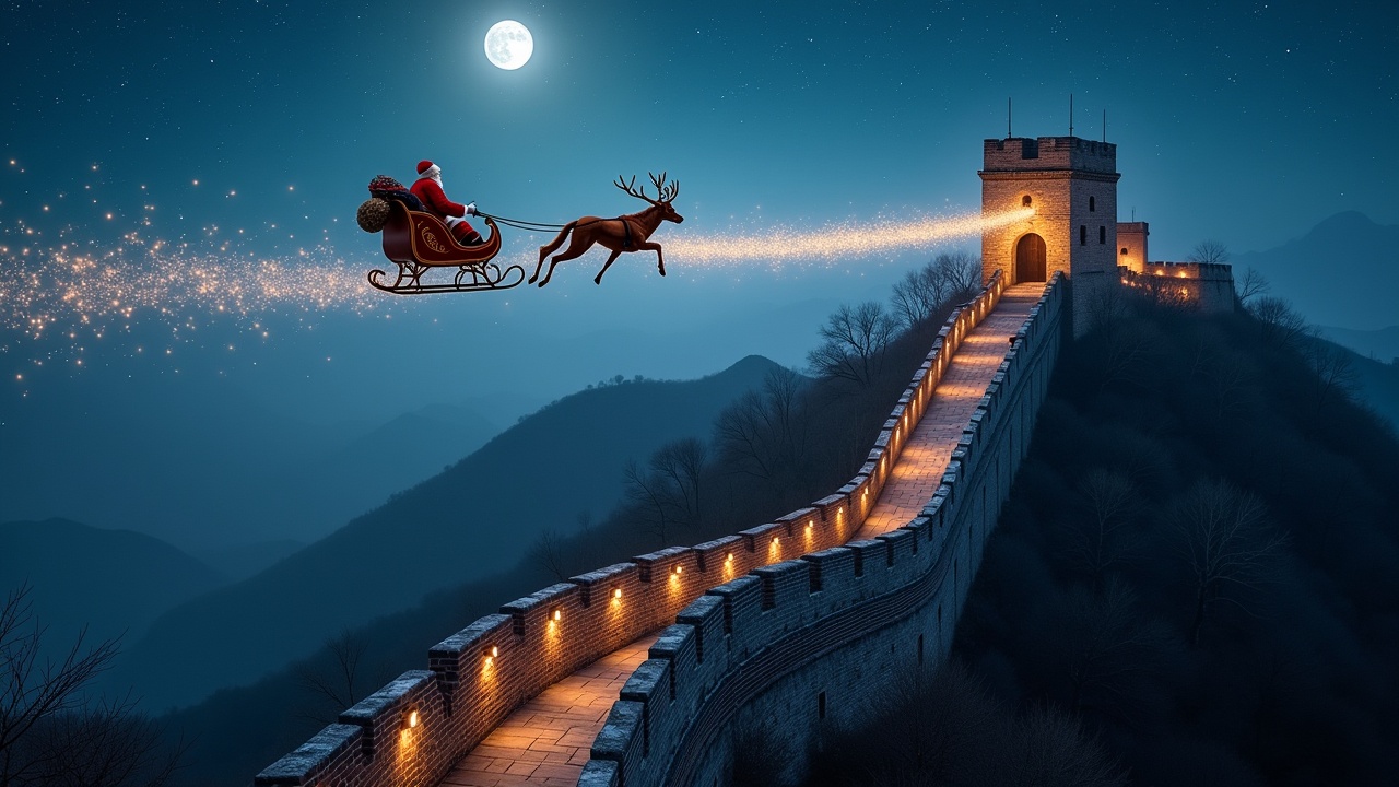 Magical atmosphere with Santa flying over The Great Wall of China on a sleigh. A trail of sparkles follows him against a moonlit background. Shot in ultra-realistic style with Arriflex Alexa camera.