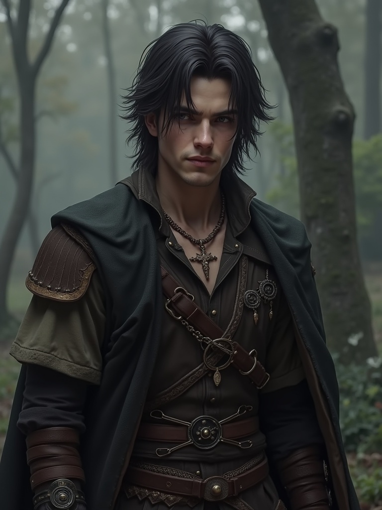 Younger fantasy character in a forest with dark hair wearing detailed medieval attire. The character displays a contemplative expression conveying an adventurous nature. Surrounded by mist and trees creating a mysterious atmosphere.