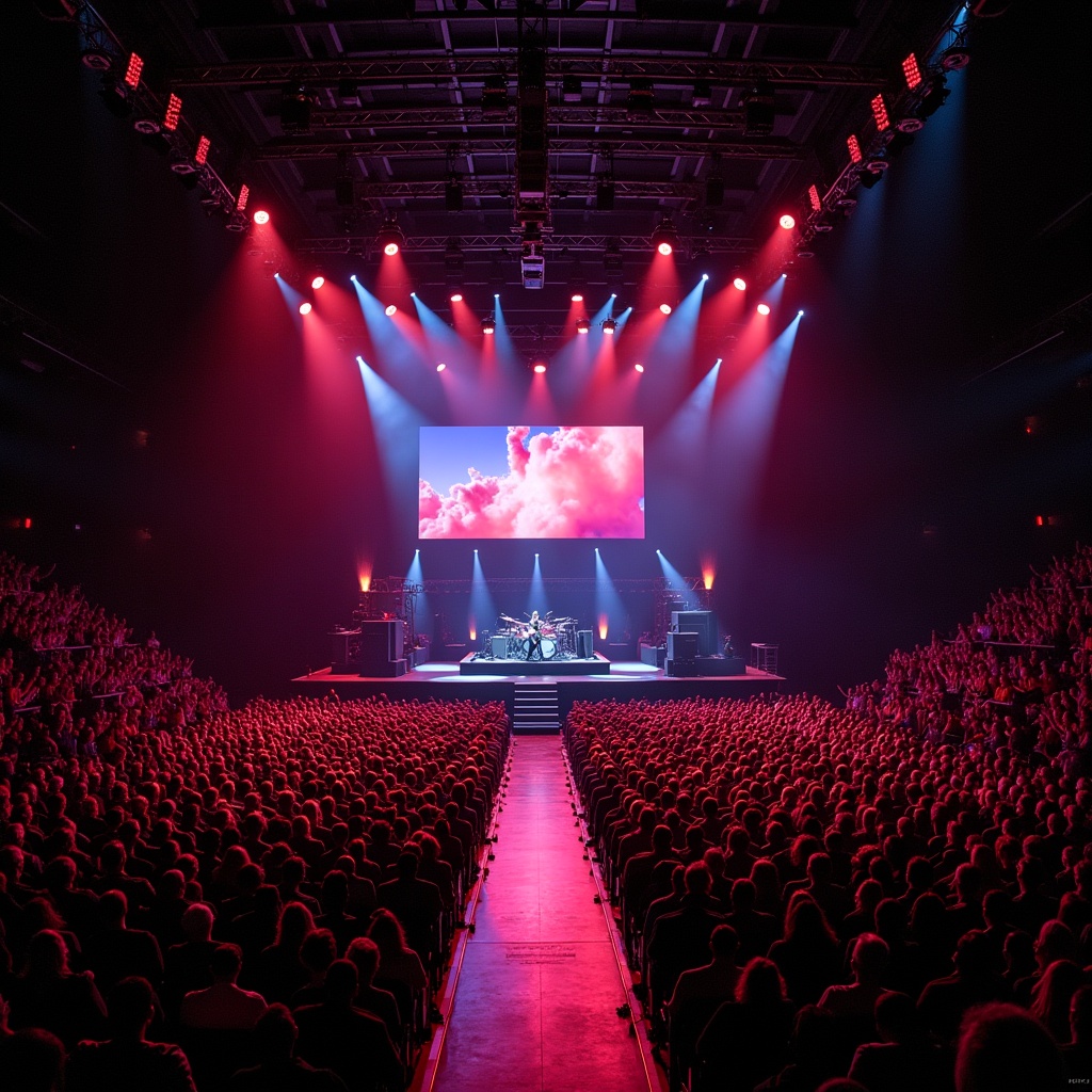 The image captures an electrifying concert scene featuring a T-shaped stage at Madison Square Garden, as viewed from above by a drone. Bright red and blue lights illuminate the performance area, creating a vibrant atmosphere. A large screen displays clouds in the background, adding to the ambience. The audience is densely packed, representing the excitement of a live music event. This setup highlights the artistry of concert design and performance. It's an impressive sight, showcasing both the scale and energy of a major live event.