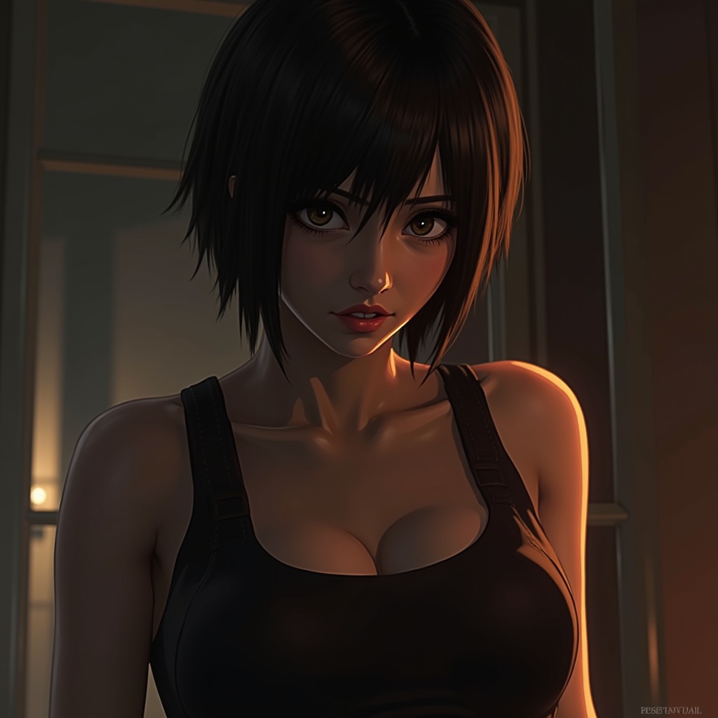 Anime-style illustration of a character inspired by Ada Wong from Resident Evil. Focus on the character's expression and attire. Dark background with soft lighting highlighting features.