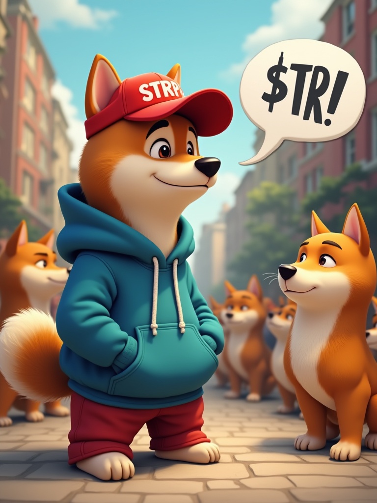 Animated Shiba dog wearing a red baseball cap with the label $TRP. It wears a luxurious blue hoodie and red trousers. Dog interacts with a community of other Shiba dogs in a city setting.