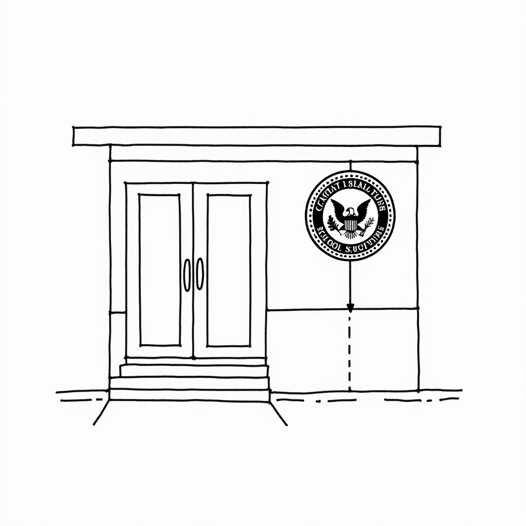 This image shows a figure estimating the diameter of the school seal hanging outside the front of the school building without directly measuring it. The illustration depicts simple angles of elevation in black and white.