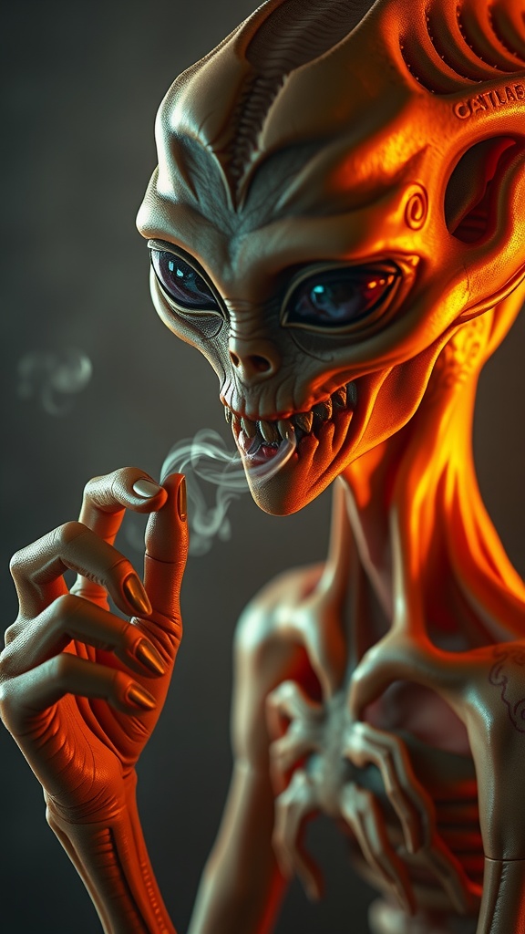 This digital art piece features an extraterrestrial being with strikingly large eyes and a detailed skeletal structure. The alien, bathed in warm orange and golden hues, exudes an eerie and mystical aura. Its elongated fingers curl delicately, as if holding something ethereal. The background is softly blurred, keeping the focus on the intricate details of the creature's skin and facial features.