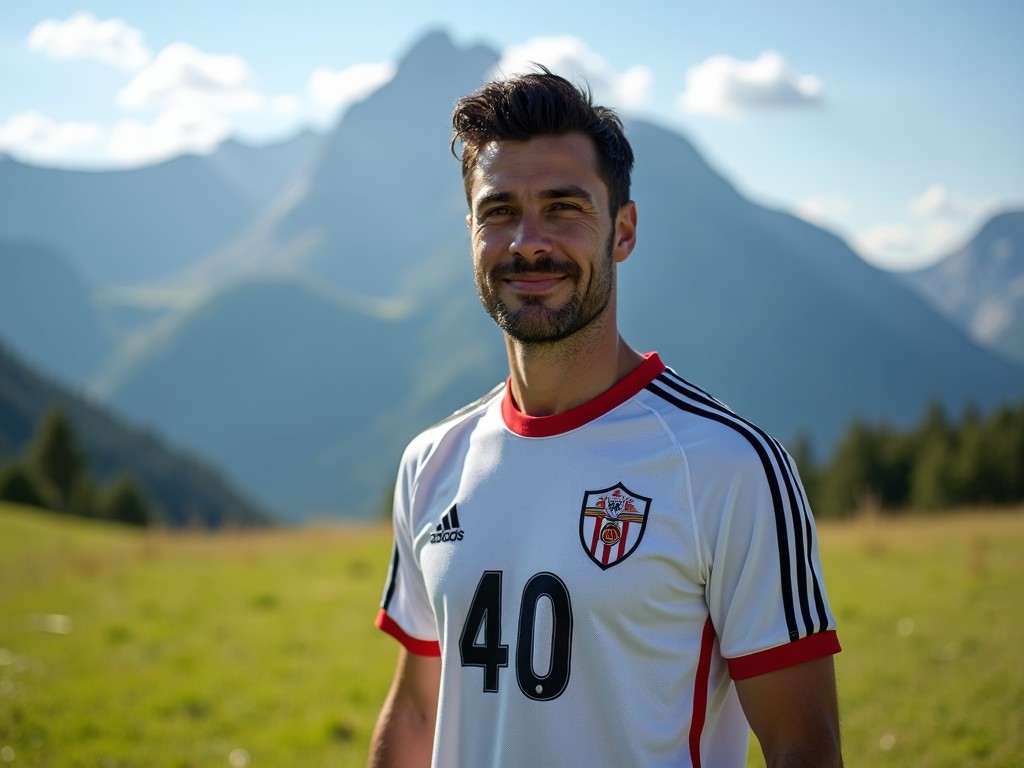 The image features a male soccer player standing in a scenic landscape. He is wearing a white jersey with red and black accents, and the number 40 is prominently displayed. The background showcases majestic mountains and a green field. The sun is shining brightly, creating a natural glow around the subject. The athlete appears confident and ready for action, embodying the spirit of sportsmanship and adventure.