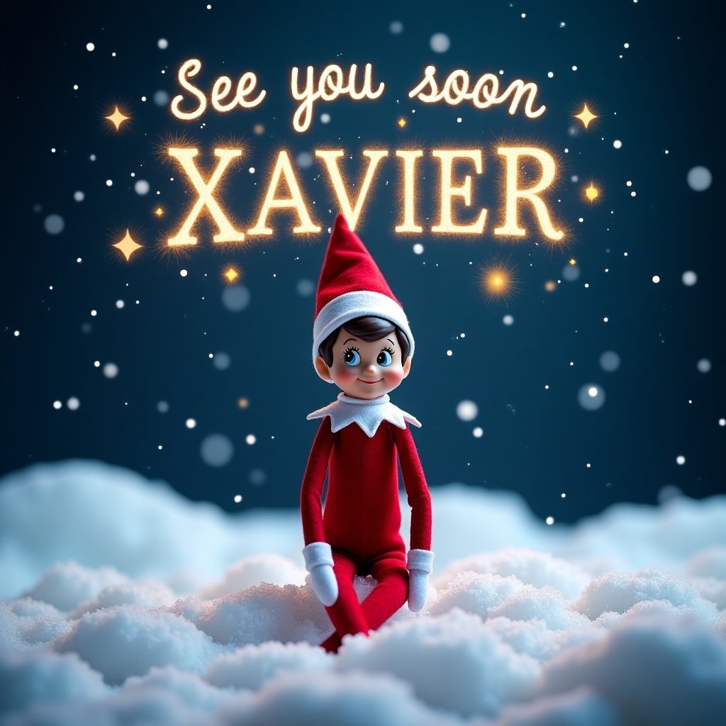 Elf on the Shelf sits in fluffy snow during a snowy night. Elf wears bright red and white clothing. Above the elf is text that reads 'See you soon Xavier'. Text sparkles like fireworks. Soft blue background with twinkling stars.