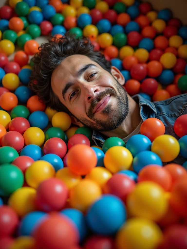 A man smiles while lying in a ball pit filled with colorful plastic balls.