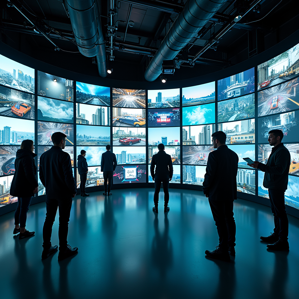 A group of people stand in a dark room facing a large, curved display wall showing various digital cityscapes and technology images.