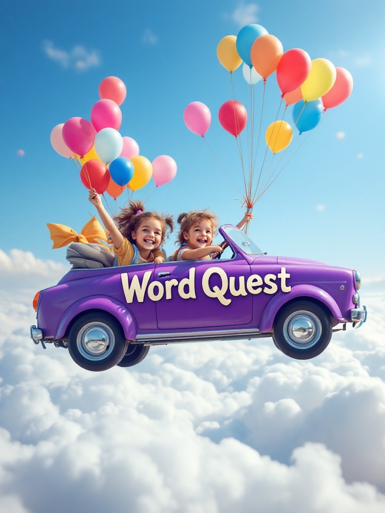 Two joyful children are seated in a whimsical purple car floating high in the sky. The car has the words 'Word Quest' written on it. Colorful balloons are attached to the car. The kids appear excited as they look at the blue sky and fluffy clouds below. Sunlight gives the scene a magical feel.