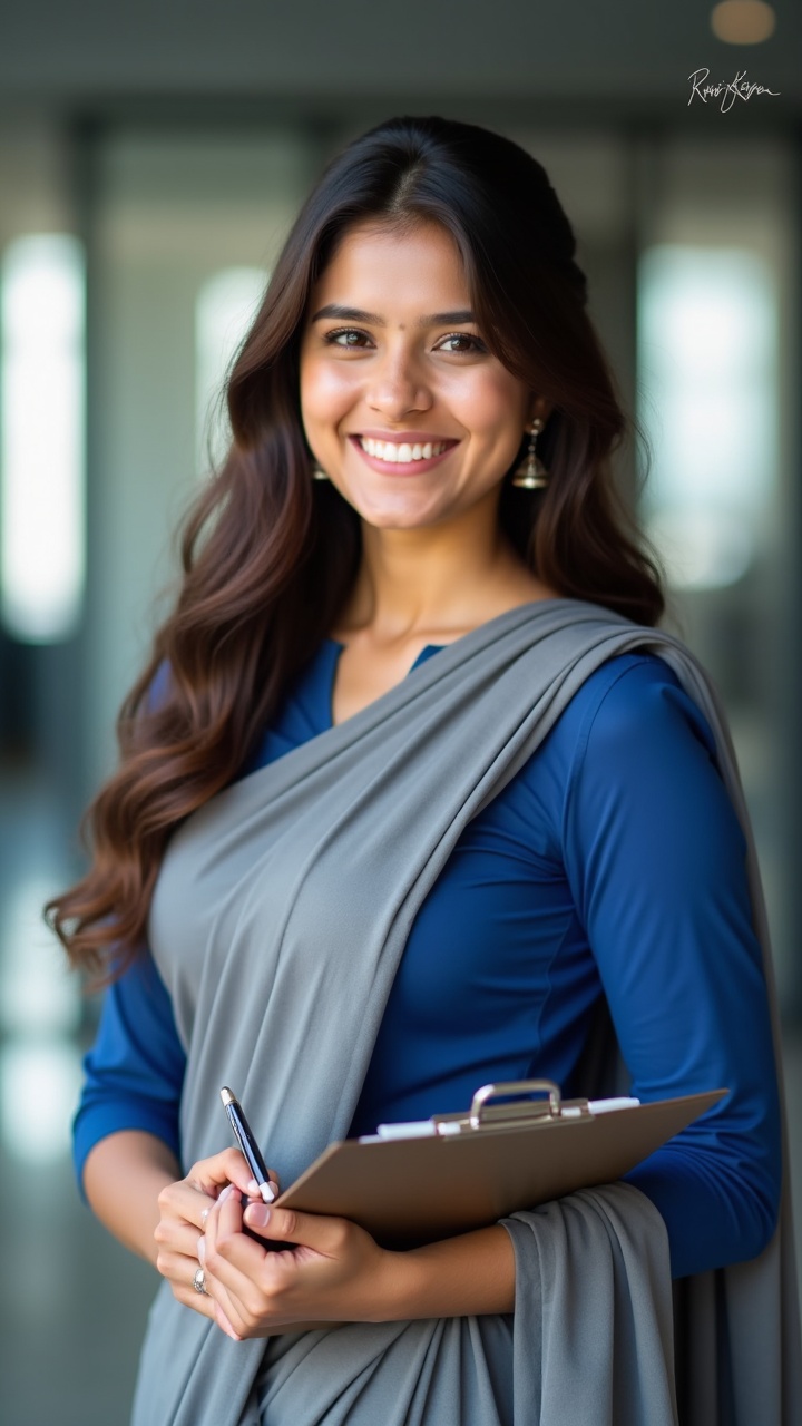 The image depicts a smiling woman wearing a blue outfit with a grey drape, holding a clipboard and pen. Her long, dark hair cascades down her shoulders, and she exudes confidence and professionalism in a softly lit, indoor setting. The blurred background suggests a corporate or office environment.