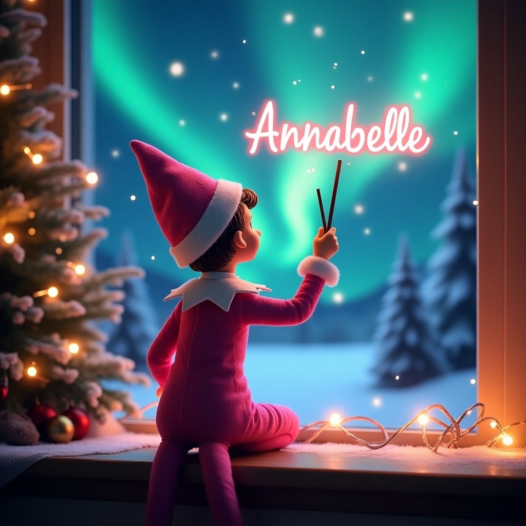 The illustration showcases an enchanting Christmas scene with a pink elf on the shelf. The elf faces the window, gazing at the vibrant northern lights. Dressed in a charming pink outfit, she holds a magic wand, gracefully writing 'Annabelle' in glowing letters. The scene is adorned with a decorated Christmas tree, filling the room with warmth and holiday spirit. Snow-covered trees visible through the window enhance the magical ambiance, making it a perfect representation of Christmas wonder.