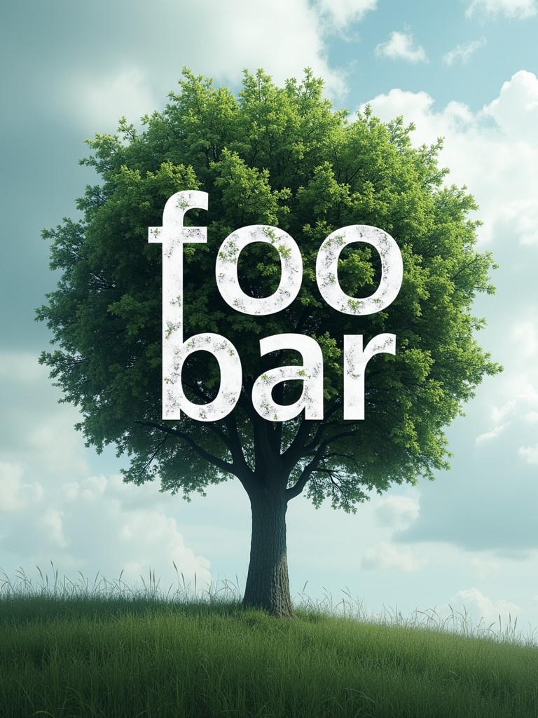 Image showcasing a single tree set against a cloudy sky. Text 'foo bar' prominently displayed on the tree. Background features lush grass and dramatic clouds.