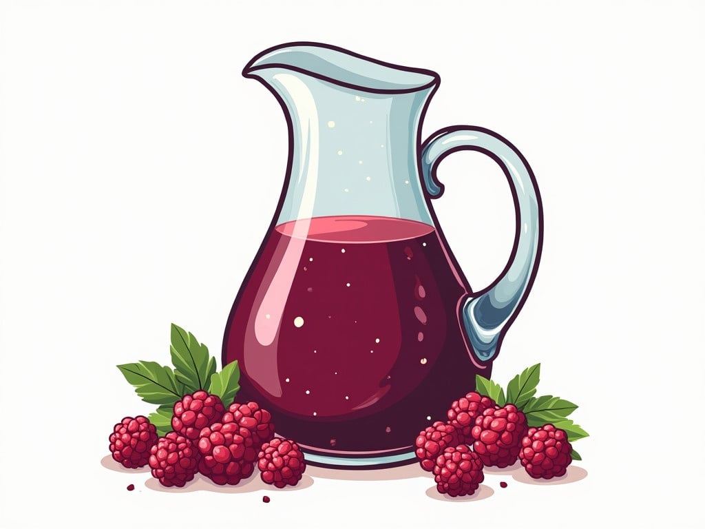 Illustration features a large glass jug filled with vibrant raspberry juice. Ripe raspberries are placed around the jug. Clear and bright background highlights the drink. The jug design is simple yet bold with a traditional feel. Perfect for Ramadan celebrations.