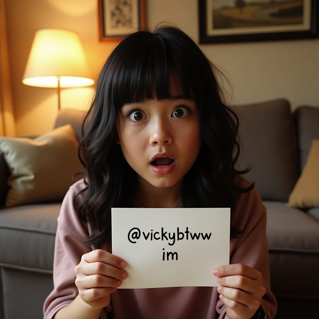 Girl with glossy black hair sits in a cozy living room. She shows a surprised expression with large expressive eyes. She holds a piece of paper that reads '@vickybtww on ig'. Background has warm lighting from a lamp and soft furniture. The scene feels inviting and personal. Attire is casual.