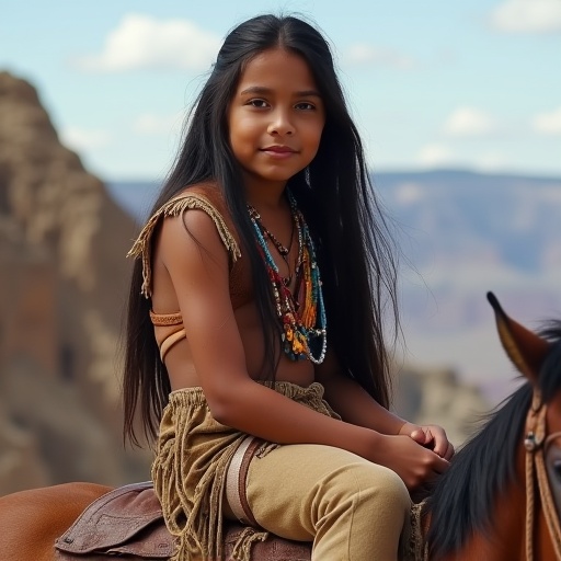 Cherokee boy with long hair wears buckskin leggings. Sits on horse on cliff edge.