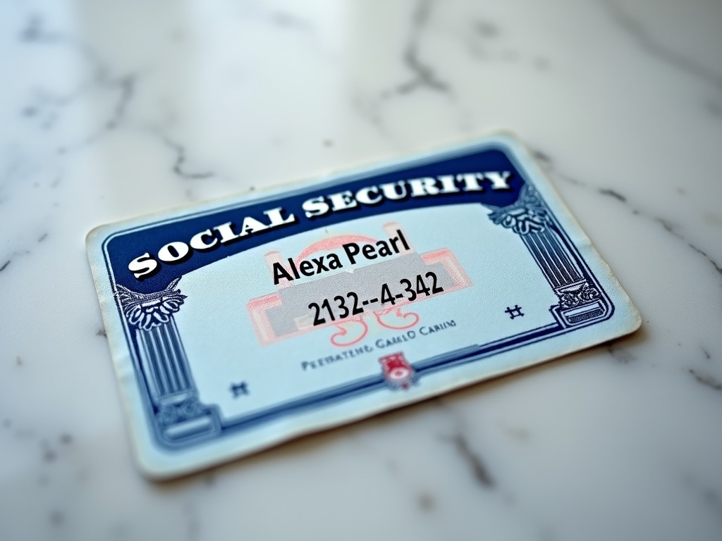 A social security card with an obscured number, placed on a marble surface.