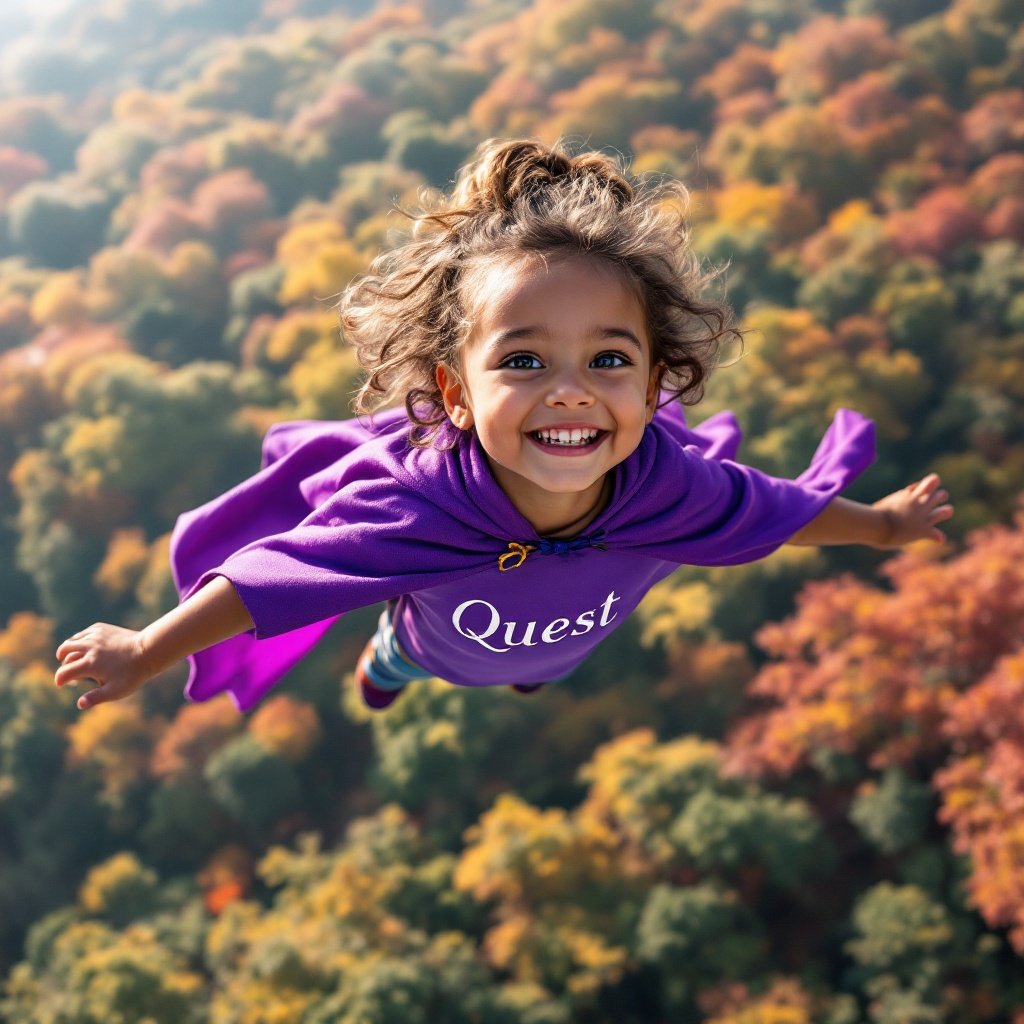 A 4-year-old child dressed in a purple cape flies through the air. The child wears a shirt that says 'Quest'. Below are trees with red, orange, yellow, and green leaves. The scene is joyful and full of sunlight, showing the magic of childhood.