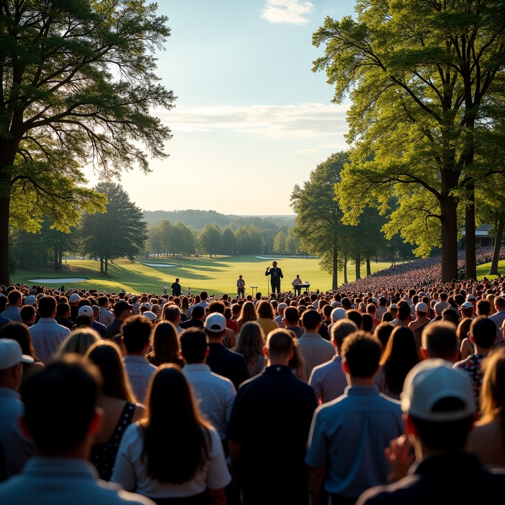 This image captures a large crowd gathered outdoors for a concert, set against a beautiful park with lush green trees and a wide sky. The scene highlights a singer on stage, illuminated by a spotlight, drawing the audience's attention. It conveys a vibrant, festive atmosphere typical of spring or Easter events at a notable location like Augusta National. The people in the foreground are engaged and focused, hinting at a joyful collective experience. The panoramic view emphasizes the scale of the gathering, making it an ideal representation of outdoor music events.