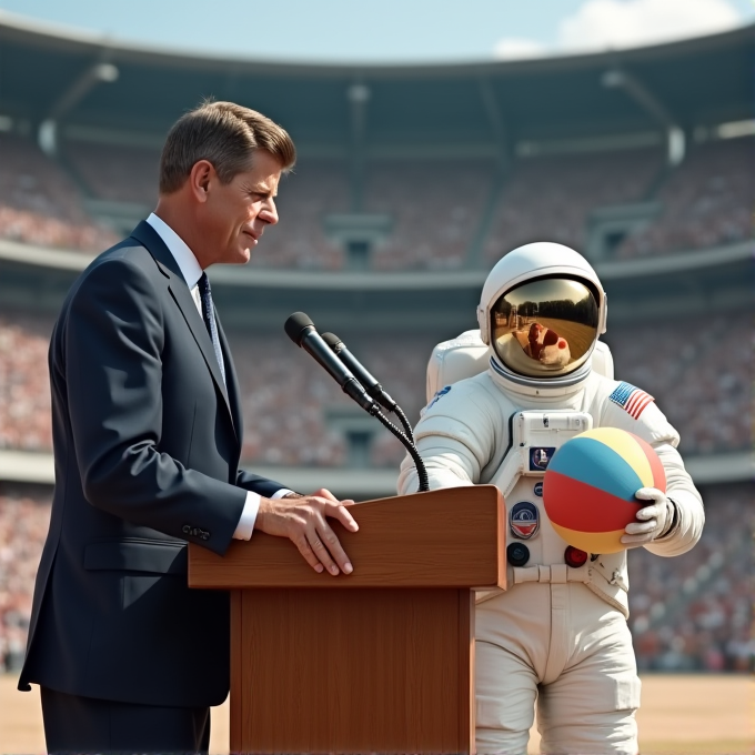 A suited astronaut holding a beach ball stands beside a man in a suit speaking at a podium in a packed stadium.