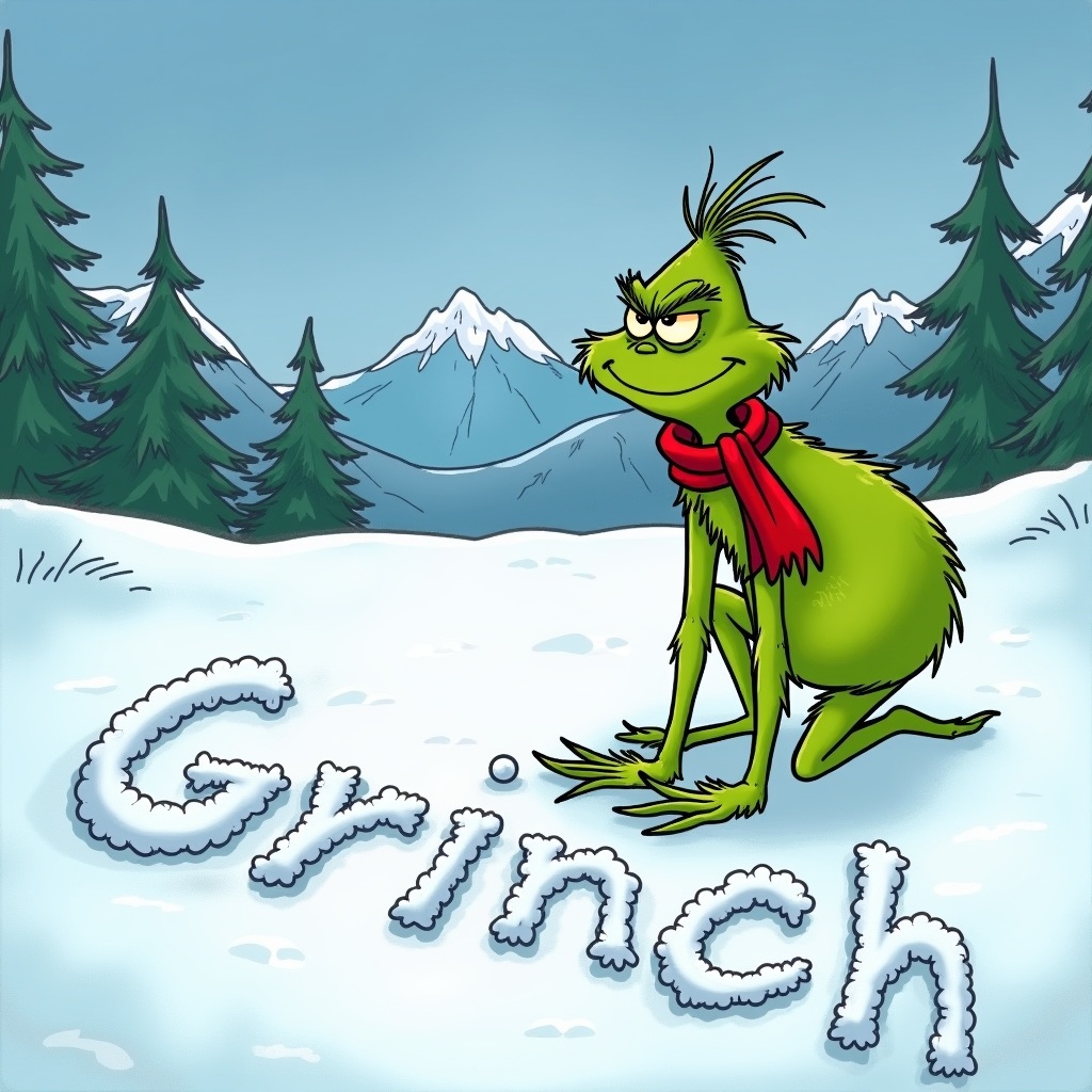 The Grinch is writing his name in snowy ground. Snow-covered hills and evergreen trees surround him. The character is green, wearing a red scarf.