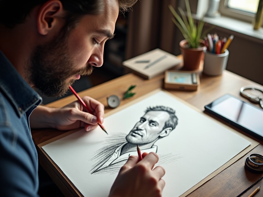 The image depicts a skilled artist intently working on a portrait. He is seated at a wooden table with various art supplies around him. His focus is on the paper in front of him, where a detailed drawing of a man is emerging. The scene is illuminated by soft natural light from a window, creating a warm atmosphere. The artist uses colored pencils, blending colors to enhance the features of the portrait. The workspace is organized yet has a creative mess, indicating an active creative process.