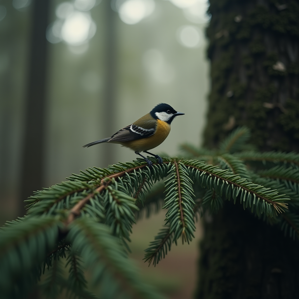 A small bird perched on an evergreen branch in a misty forest.