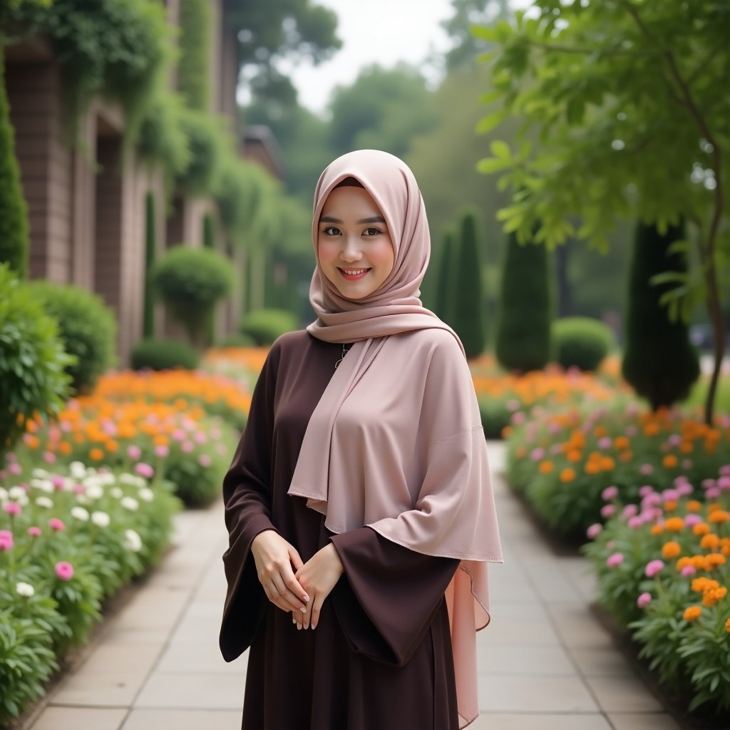 The image features a woman wearing a hijab in a serene garden setting. She stands gracefully on a paved path, surrounded by vibrant flowers and greenery. The soft, natural lighting enhances her features, creating an inviting atmosphere. Dressed in a stylish outfit, she radiates confidence and elegance. This scene captures a moment of beauty and cultural expression, perfect for fashion or lifestyle content.