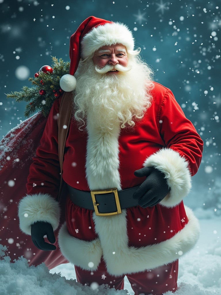 Santa Claus stands in a snowy setting. Santa wears a traditional red suit with white fur trim and carries a sack. Snowflakes fall around him. The image captures a cheerful and festive atmosphere.