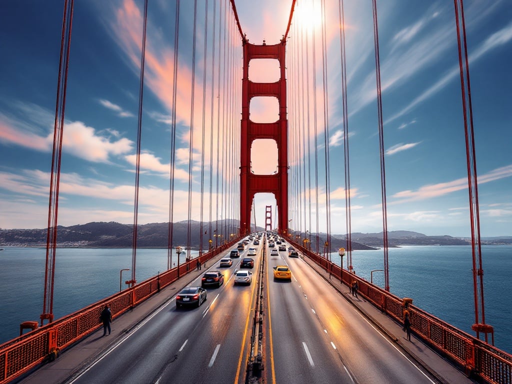 A bridge with cars driving on it. A view of the Golden Gate Bridge. The bridge is towering above. It is an eye-level perspective of the bridge. The scene captures urban architecture. The photo has a bright sky with colorful clouds. Many cars are visible on the roadway. The photo reflects tourism.