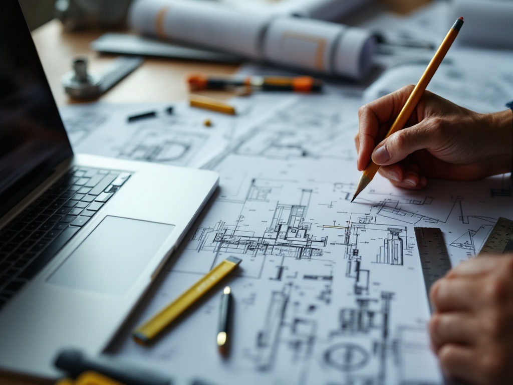 A table with a laptop on the left side and architectural tools. Blueprints scattered on the surface. Close-up of a hand holding a pencil. Ruler and other drafting tools in the composition. Perfectly organized workspace. Dynamic workspace environment.