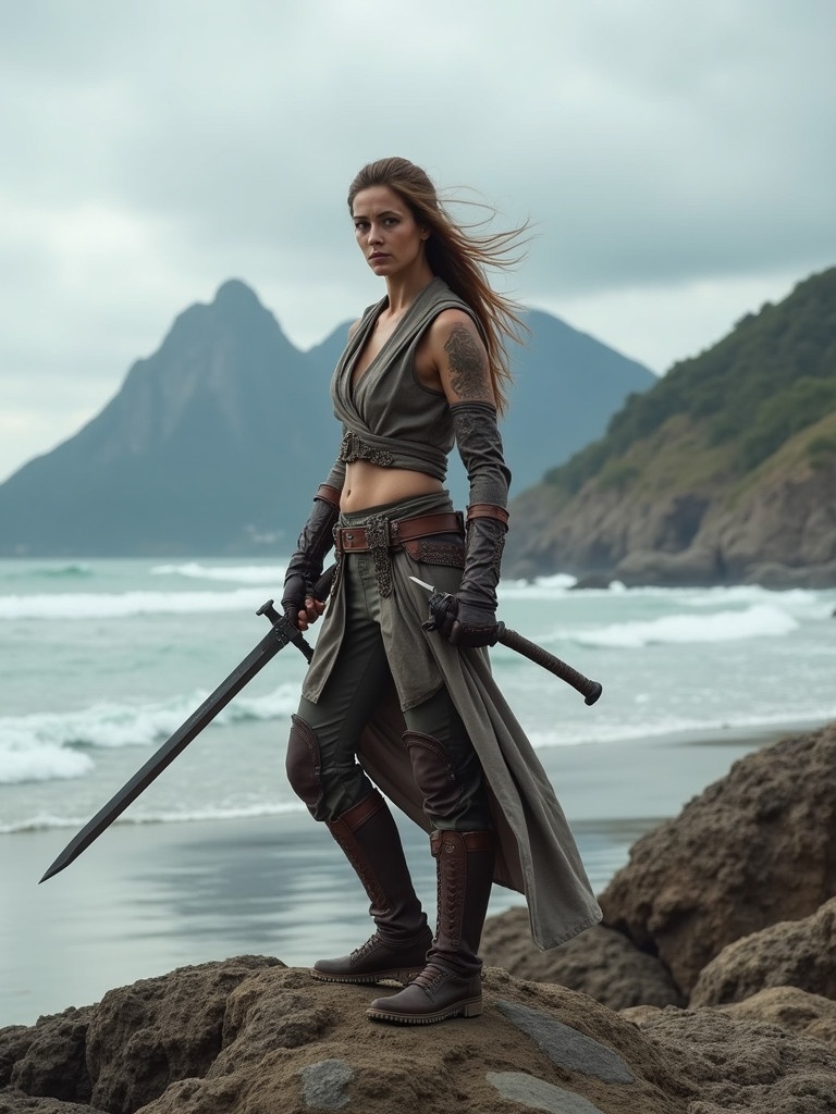 Woman stands in a fighting pose on rocky beach. She holds a sword with determination. Mountains loom in the background. Ocean waves crash against the shore.