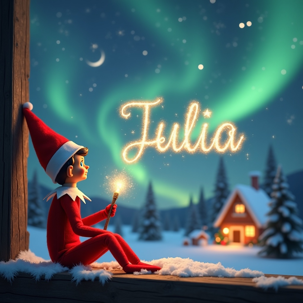 Elf on the shelf sits with back to viewer. Gazes skyward holding glowing wand. Background shows Christmas scene with northern lights and cozy house. Snow covers ground. Elf embodies magic spirit of Christmas. Name Julia created in air with wand.