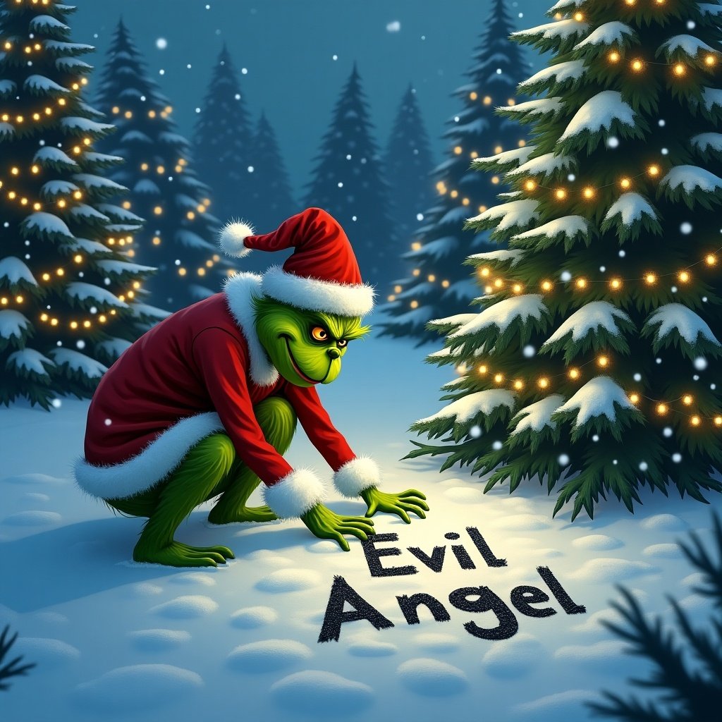 The Grinch writes the name Evil Angel in the snow in a snowy landscape surrounded by lit Christmas trees.