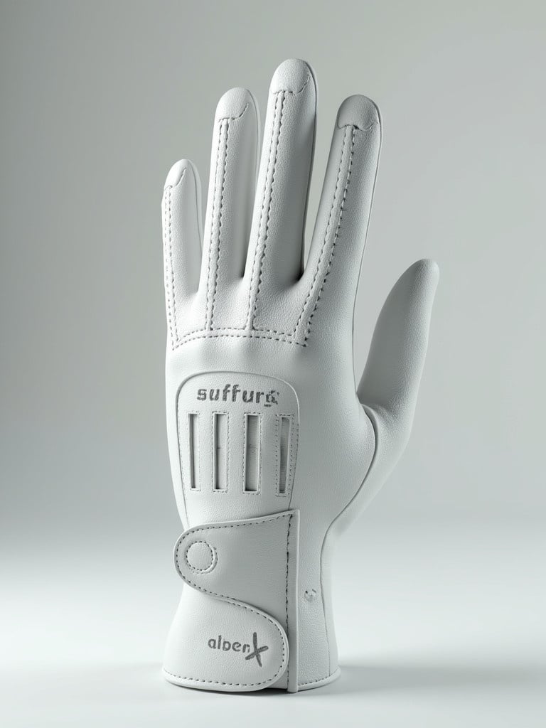 3D rendering of a golf glove placed upright. The glove is white with elegant stitching and branding. The design features cutouts for breathability. No human hand is attached to the glove. Soft lighting highlights the glove's contours and texture.