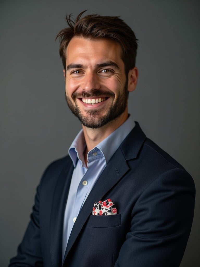 A classic corporate portrait of a man in a stylish dark suit with a pocket square. The pose displays confidence and professionalism. The image is great for headshots or fashion modeling.