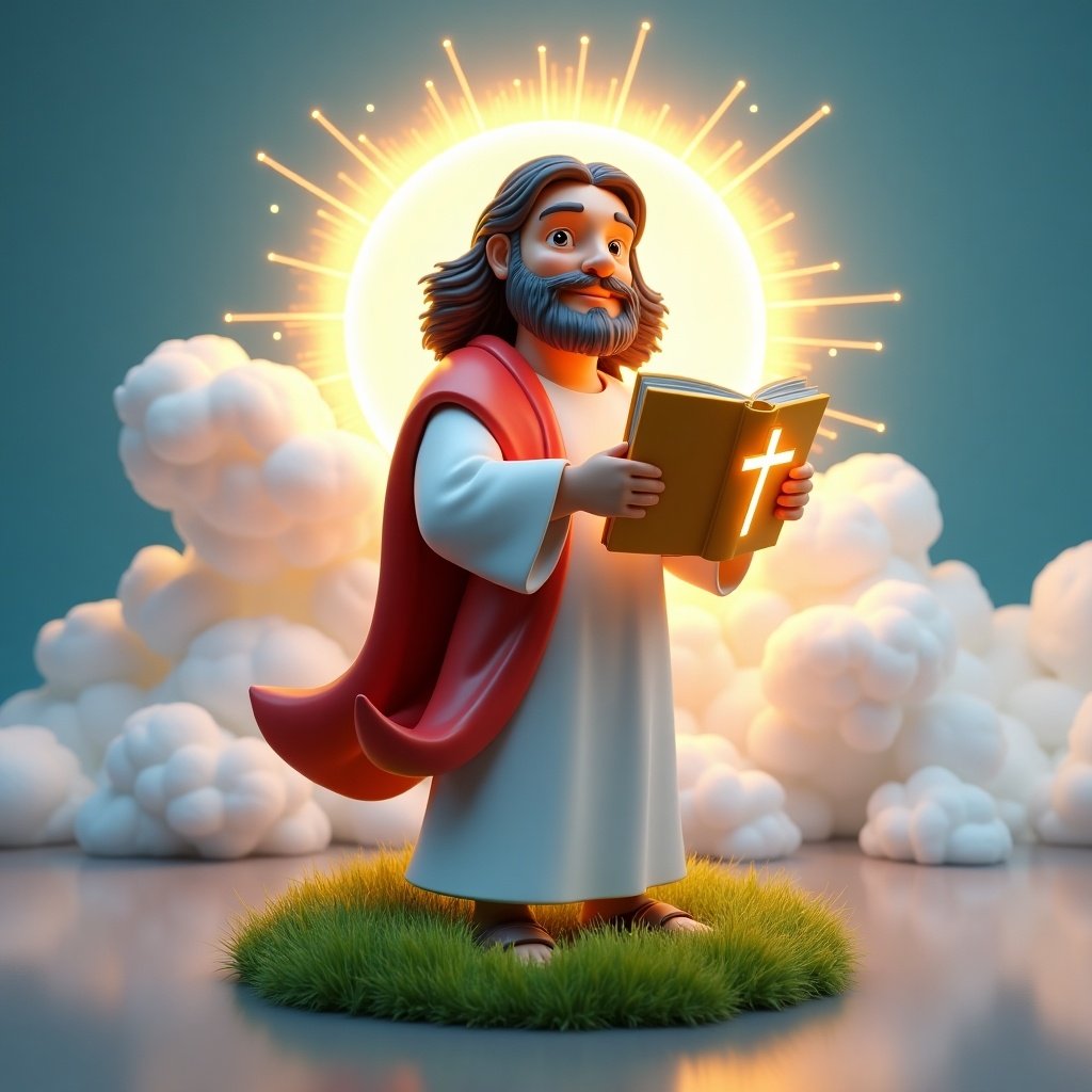 3D illustration of a character resembling Jesus standing on grass. Character holds a glowing book with a cross. He has a kind expression and detailed features. Background shows futuristic clouds and a glowing sunburst.