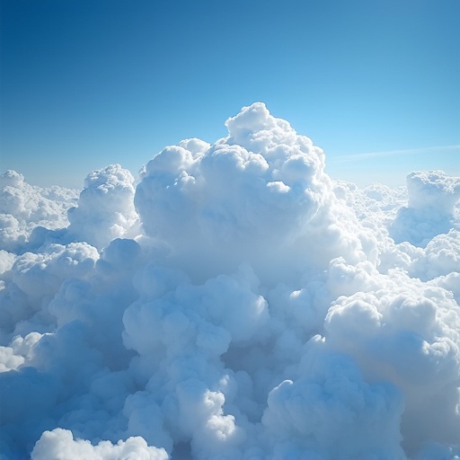 A vast expanse of soft fluffy clouds seen from above. The clouds are white and billowy against a clear blue sky.