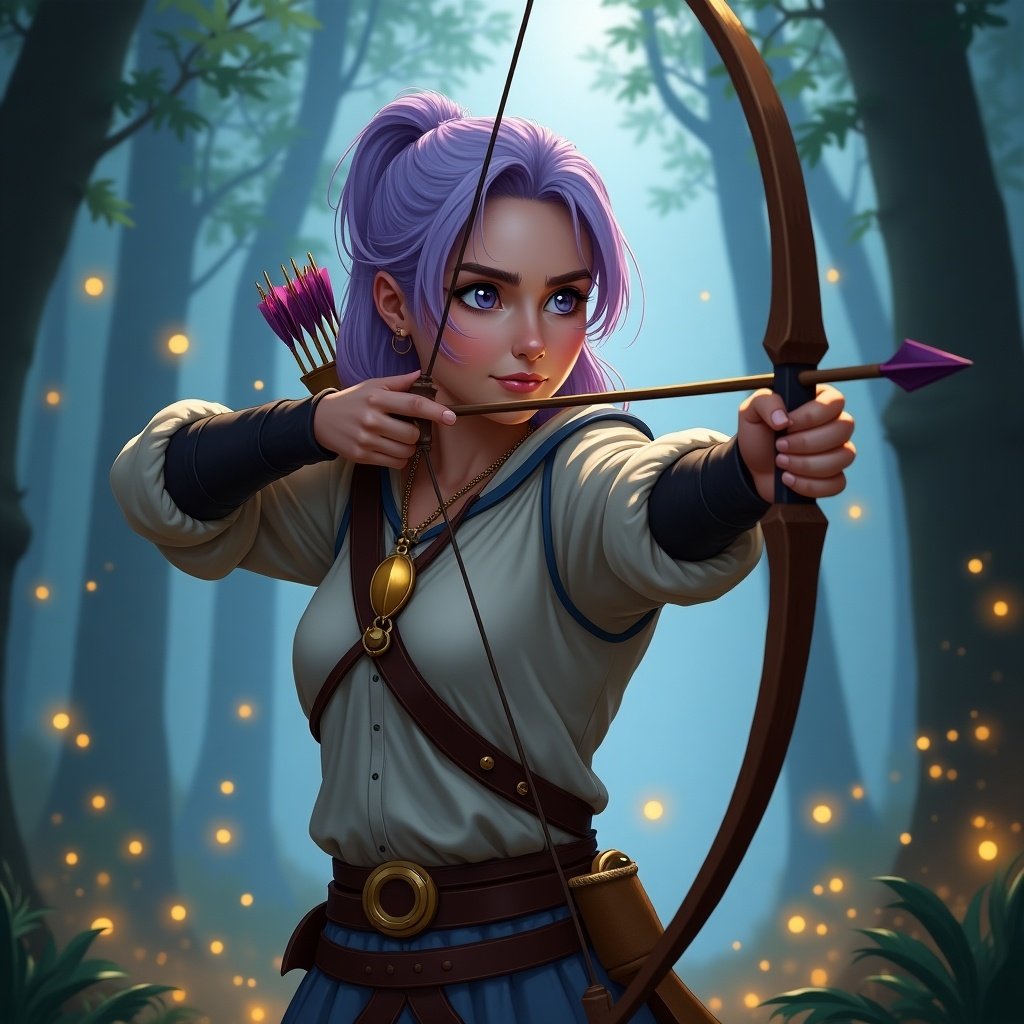 Full body depiction of a female archer character in a fantasy forest. Character has lavender hair and wears combat clothes with an arrow case. Character is aiming a bow and arrow with confidence. Background features fireflies and soft lighting through trees.